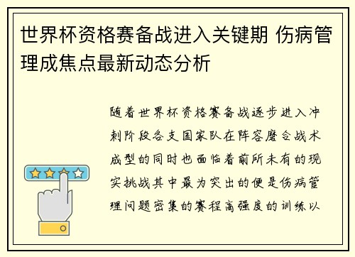 世界杯资格赛备战进入关键期 伤病管理成焦点最新动态分析 世界杯资格赛备战进入关键期 伤病管理成焦点最新动态分析